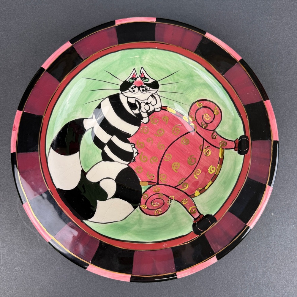 Lynda Corneille Swak Design Tuxedo Cat Ceramic Wall Plate Pink Green Excellent